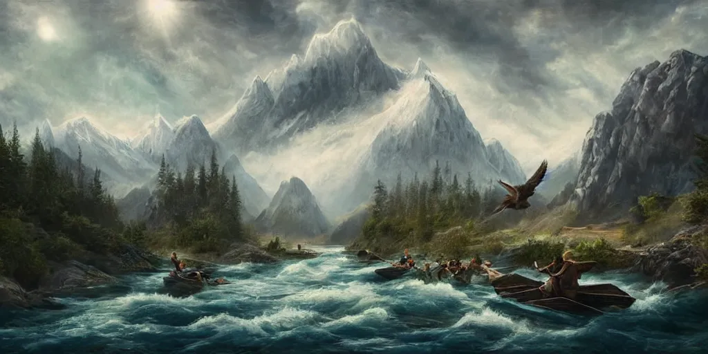 Image similar to A majestic landscape featuring a river, mountains and a forest. A small group of birds is flying in the sky. there is a group of man carrying a boat above their heads. Cinematic, very beautiful, painting in the style of Lord of the rings