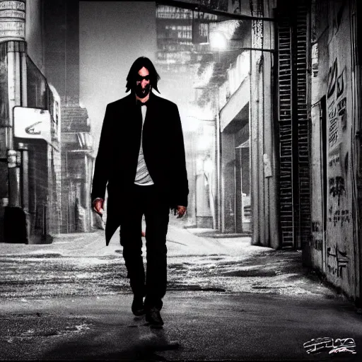 Prompt: Keanu Reeves walking on a cyberpunk street, dark glowing lights, fog, post-processing, graffiti, future cars