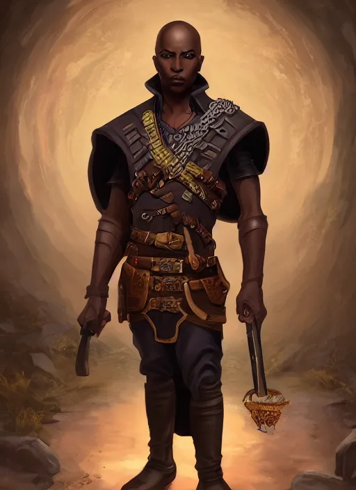 Image similar to An epic fantasy comic book style portrait painting of a young dark skinned thief with broad shoulders and a bald head in a vest in the style of the wheel of time in the style of the wheel of time, unreal 5, DAZ, hyperrealistic, octane render, cosplay, RPG portrait, dynamic lighting