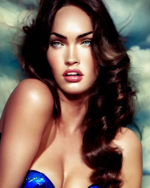 Prompt: closeup dream photo of a beautiful megan fox with long dark wind blown hair in a photo studio, rim lighting, glamour pose, hyper realistic, concept art, intricate, hyper detailed, smooth, ambient volumetric lighting, high contrast, pinup, vibrant, hd, octane, gil elvgren, arney freytag, alberto vargas, 1 9 4 5
