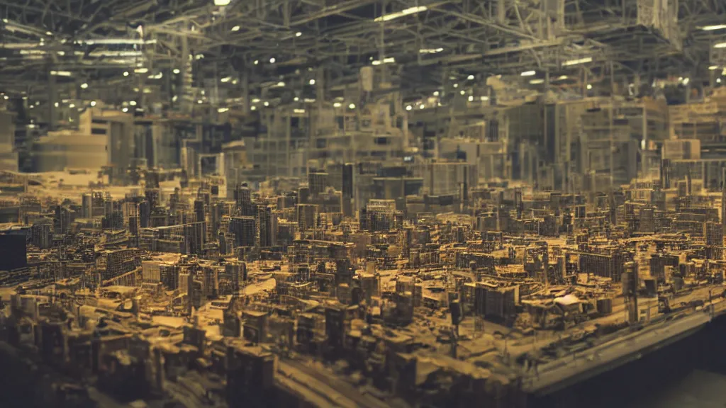 Image similar to crane shot of large group people in open warehouse, looking at hologram of futuristic city on a table, cinematic still, godrays, golden hour, natural sunlight, 4 k, clear details, tabletop model buildings, tabletop model, ethereal hologram center, crane shot, crane shot, rule of thirds, people, people, tabletop