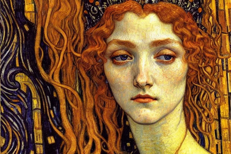 Image similar to detailed realistic beautiful young medieval queen face portrait by jean delville, gustav klimt and vincent van gogh, art nouveau, symbolist, visionary, gothic, pre - raphaelite, muted earthy colors, desaturated