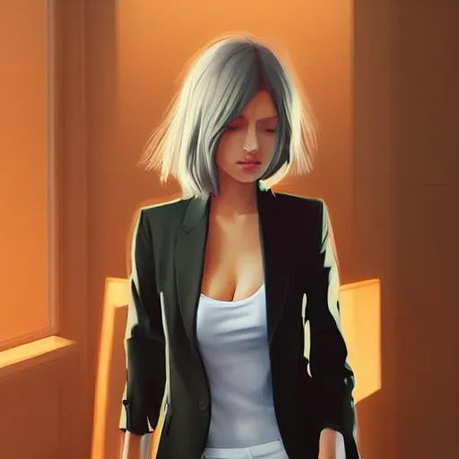 Image similar to cute beautiful girl in jacket suit over bare skin, elegant, 2d, ultra highly detailed, digital painting, smooth, sharp focus, artstation, pixiv, art by Ilya Kuvshinov