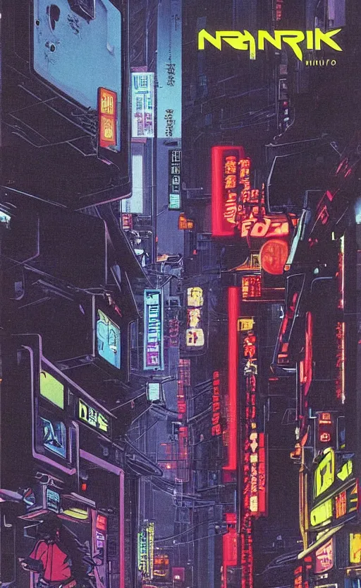 Prompt: 1979 OMNI Magazine Cover of an android raven in street level neo-Tokyo in cyberpunk 2020 style by Vincent Di Fate