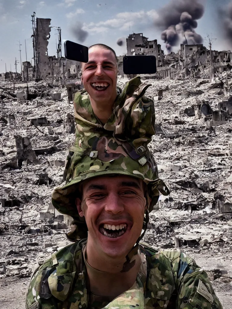 Image similar to a hysterical smiling soldier taking selfies, posing in front of bombed city, explosions in the background, close ups, war scenery, surrealism aesthetic, vivid colors, tv, noise