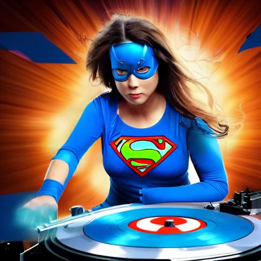 Image similar to a heroic woman wearing a blue super hero outfit playing on turntables, digital artwork, art station trending, ultra high detail