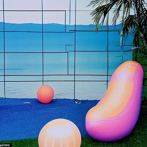 Prompt: a pastel colour high fidelity wide angle Polaroid art photo from a holiday album at a seaside with abstract inflatable parachute furniture, spheres and a sculpture, all objects made of transparent iridescent Perspex and metallic silver, a grid of sun beds iridescence, nostalgic