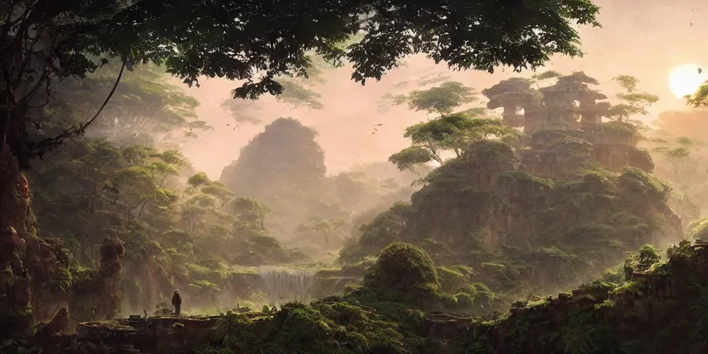 Image similar to jungle, ancient ruins, waterfall, sunset, fantasy, magical lighting, Greg Rutkowski and Studio Ghibli and Ivan Shishkin