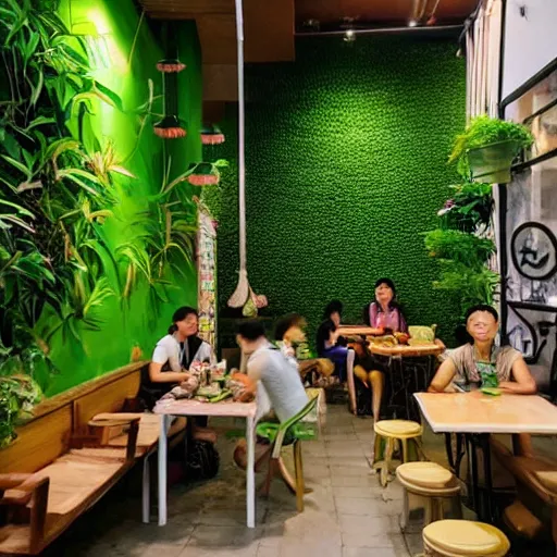 Image similar to a cafe in Vietnam, many green plants on walls and on tables, good atmosphere, relaxing, calming place, good design, people sitting down enjoying drinks