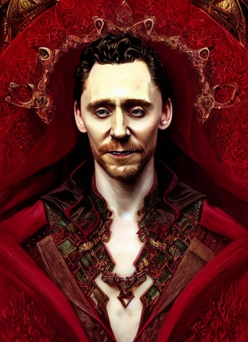 Image similar to portrait of tom hiddleston as a vampire lord, crimson peek, jewelry, greek, emerald, intricate, headshot, highly detailed, digital painting, artstation, concept art, sharp focus, cinematic lighting, illustration, art by artgerm and greg rutkowski, alphonse mucha, cgsociety