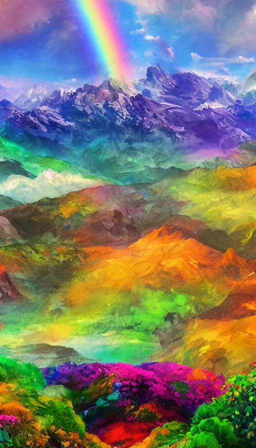 Image similar to enormously detailed hd photo of three rainbows at horizon, landscape with mountains and flowers, concept art, high quality painting, 8K detail post-processing