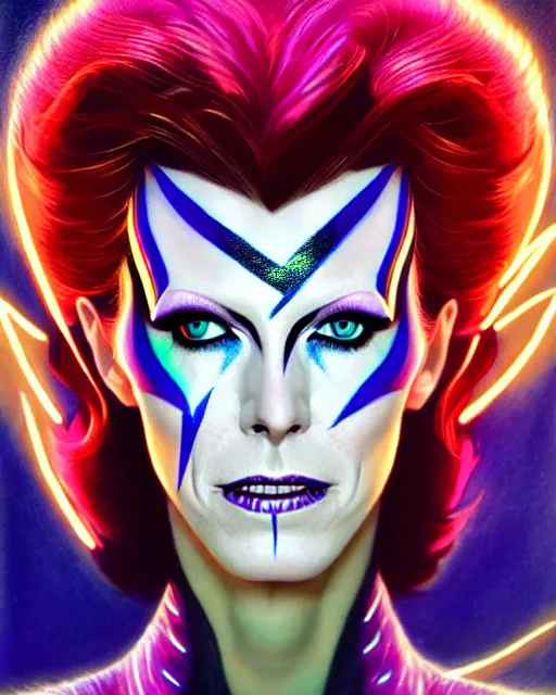 Prompt: moira from overwatch, david bowie lightning bolt face paint, character portrait, portrait, close up, highly detailed, intricate detail, amazing detail, sharp focus, vintage fantasy art, vintage sci - fi art, radiant light, caustics, by boris vallejo