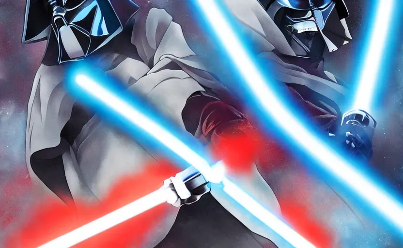 Prompt: An anime scene, Luke swings his blue lightsaber at Darth Vader, Darth Vader using the force, in the style of Madhouse Animations, digital art