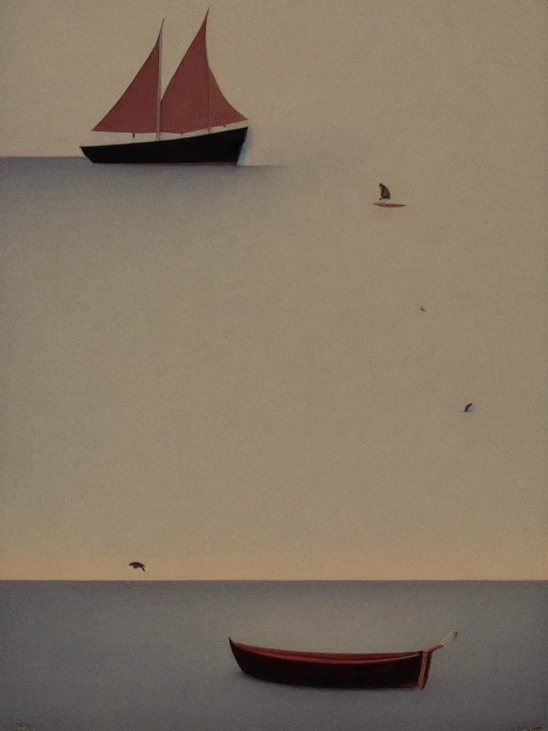 Prompt: a neo retro poster of little traditional boat at bassin d'arcachon lac, a sand dune in the background (((with 3 birds in the sky))), australian tonalism, pale gradients design, matte drawing, clean and simple design, outrun color palette. painted by Morandi, Agnes Pelton