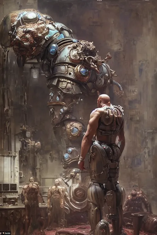 Prompt: scientists in a laboratory observe a martyn ford as a huge bipedal martian wearing armour, painted by ruan jia, raymond swanland, lawrence alma tadema, zdzislaw beksinski, norman rockwell, jack kirby, tom lovell, alex malveda, greg staples