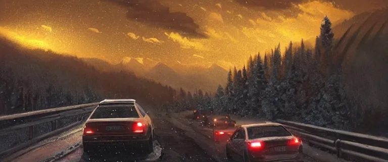 Image similar to Audi A4 B6 Avant (2002), a gritty neo-noir, dramatic bright lighting, cinematic, establishing shot, extremely high detail, photorealistic, cinematic lighting, artstation, by simon stalenhag, Snowy japanese mountain road, Palmont City canyons, At night