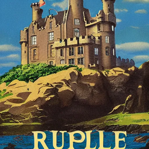 Image similar to Irish castle on an island, digital art, vintage pulp art