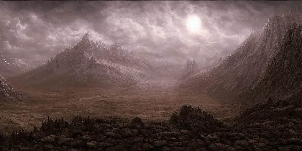 Prompt: Mordor Gorgoroth Plains in the evening, detailed matte painting, cinematic, Alan Lee, Artstation