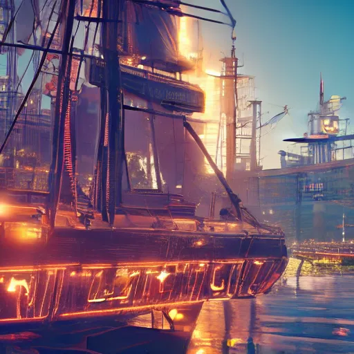 Prompt: a battered pirate ship pulls into the port of night city cyberpunk 2077 in the evening with dim neon city light in the background, close up, ultra realistic, octane, high energy