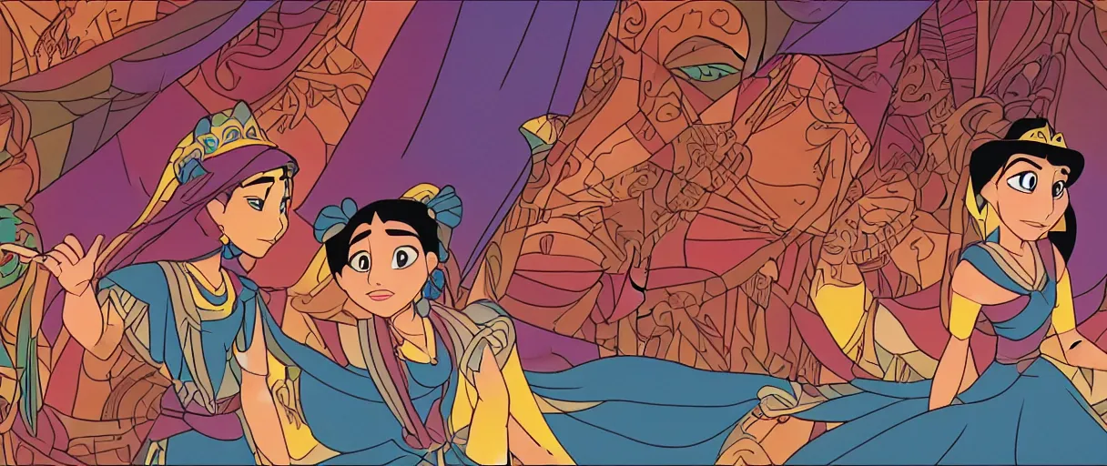 Image similar to Aztec Disney princess by Glen Keane, Disney 2D Traditional Animation, Semi Realistic Anime, Cel Shaded, Studio Ghibli, cinematic, widescreen, 4K