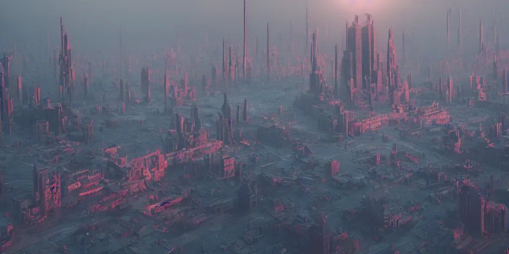 Prompt: cinematic, dystopian Disney Land inspired megacity under a bleeding sun towering above the climate change migrant crisis by Godmachine, depth of field, misty, hyper realistic, digital painting, 8k, 35mm film grain, octane render