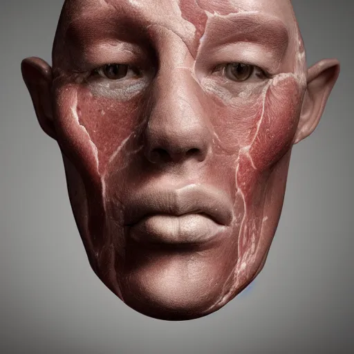 Image similar to a beautiful face sculpted from raw meat and rare earth metals, studio lighting, photorealistic