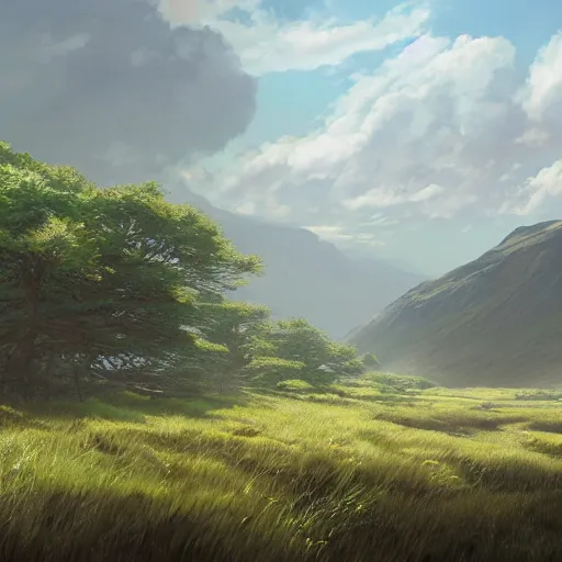 Image similar to concept art painting of a high moorland marsh above a mountainous forest, realistic, detailed, cel shaded, in the style of makoto shinkai and greg rutkowski and james gurney