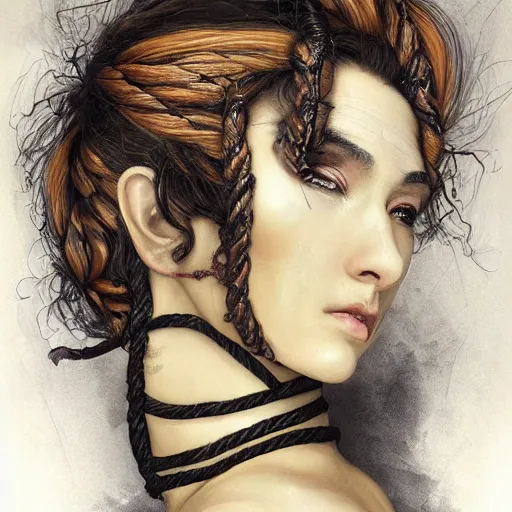 Image similar to portrait of a Shibari rope wrapped face and neck, headshot, insanely nice professional hair style, dramatic hair color, digital painting, of a old 15th century, roman soilder, amber jewels, baroque, ornate clothing, scifi, realistic, hyperdetailed, chiaroscuro, concept art, art by Franz Hals and Jon Foster and Ayami Kojima and Amano and Karol Bak,