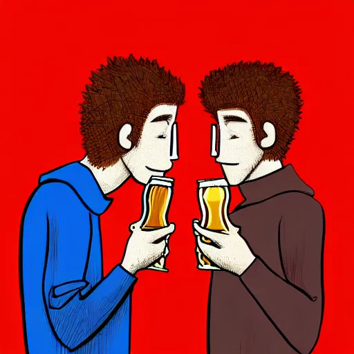 Prompt: two beautiful chad men drinking beer (red hearts), friendship, love, sadness, dark ambiance, concept by Godfrey Blow, featured on deviantart, drawing, sots art, lyco art, artwork, photoillustration, poster art