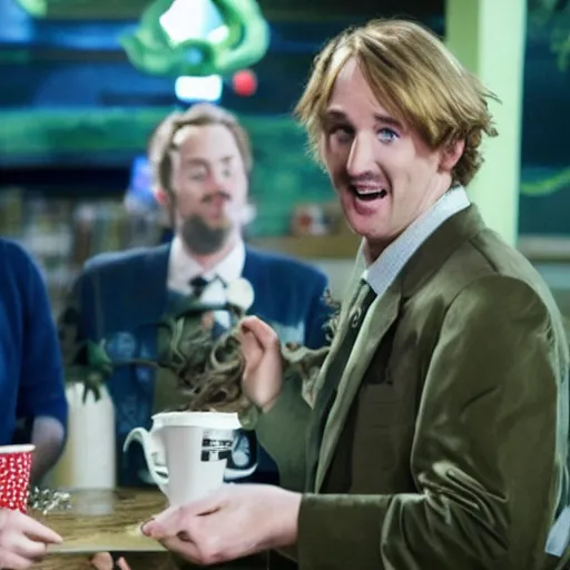 Prompt: still from a romantic comedy where Owen Wilson falls in love with Cthulhu, Elder God and Bringer of Madness. Owen Wilson plays a Starbucks barista down on his luck, while Cthulhu is the Elder God and Bringer of Insanity (tentacles and eyes that tear into your soul and bring unending frothing madness). Directed by Wes Anderson