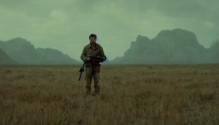 Prompt: lone survivor man holding a walkie!! in post - apocalyptic nature landscape. movie screenshot. lush composition by wes anderson, shallow depth of field, cinematic. cinematic composition