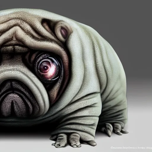 Image similar to A tardigrade with the eyes and mouth of a pug, national geographic-file-photograph, paywall-content, premium-award-winning, trending on artstation