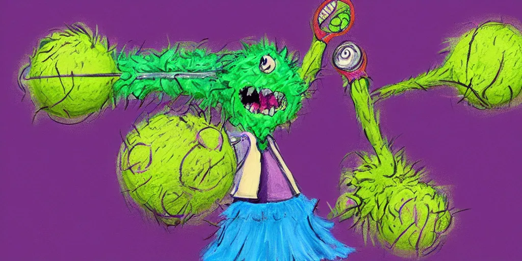 Prompt: tennis ball monsters playing on a tennis court, purple, digital art, fantasy, magic, chalk, chalked, trending on artstation, ultra detailed, detailed, fine details, professional illustration by basil gogos