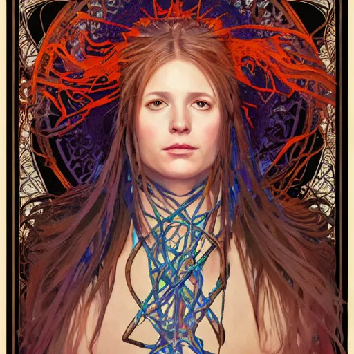 Prompt: an acrylic on canvas portrait of Me but way cooler Shaman Lightworker Alchemist Druid, Mystery, Love, wholeness, rooted lineage, web of life, open eye freedom by Greg Rutkowski, Artgerm and Alphonse Mucha. Epic fantasy art.