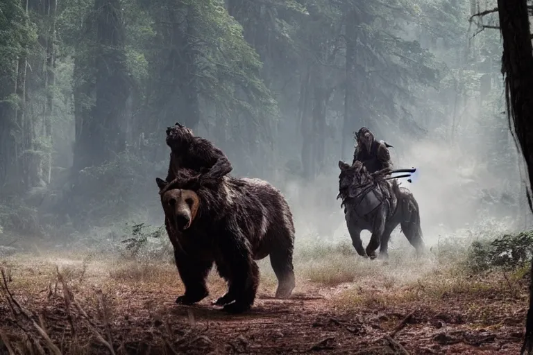 Image similar to vfx movie closeup detailed ancient armored warrior orc hunting riding large bear in the forest, natural lighting by emmanuel lubezki
