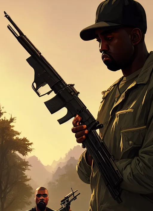 Image similar to highly detailed portrait kanye holding ak 4 7 in gta v stephen bliss unreal engine fantasy art by greg rutkowski loish rhads ferdinand knab makoto shinkai lois van baarle ilya kuvshinov rossdraws tom bagshaw global illumination radiant light detailed intricate environment