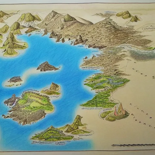 Prompt: A map of a large island, coloured pencils and ink, beautiful, highly detailed, in the style of Middle Earth Lord of the Rings