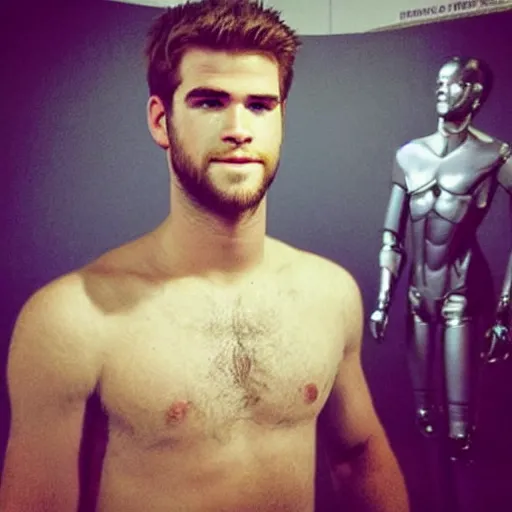 Image similar to “ a realistic detailed photo of a guy who is an attractive humanoid who is half robot and half humanoid, who is a male android, actor liam hemsworth, shiny skin, posing like a statue, blank stare, at the museum, on display ”