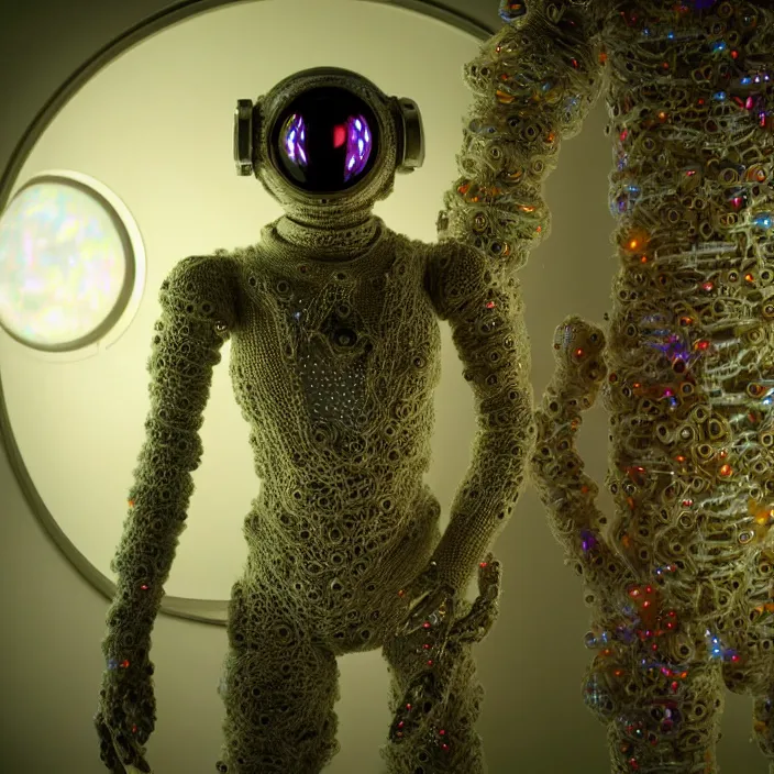 Image similar to a cybernetic symbiosis of a single astronaut mech-organic eva suit made of pearlescent wearing knitted shiny ceramic multi colored yarn thread infected with diamond 3d fractal lace iridescent bubble 3d skin dotted covered with orb stalks of insectoid compound eye camera lenses floats through the living room, film still from the movie directed by Denis Villeneuve with art direction by Salvador Dalí, wide lens,kevlar,carbon fiber,ceramics,gaseous materials,