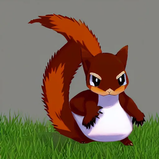 Prompt: A pokemon that looks like A squirrel ，The tail is a curly Ferns ，Trending on art station. Unreal engine.