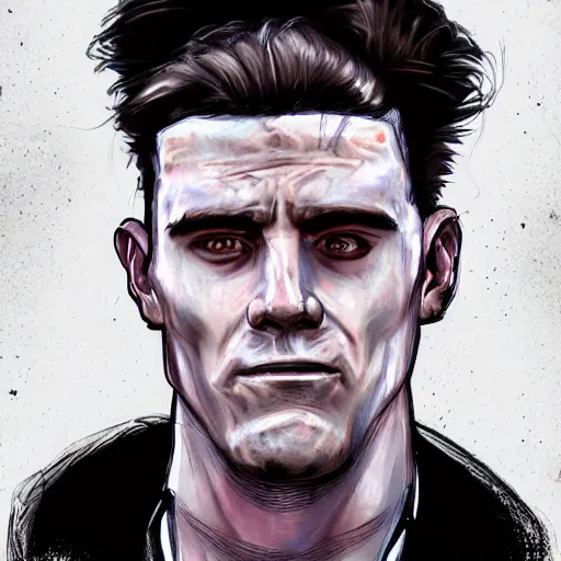 Image similar to Bust Portrait of David Bates from Starset in a sci fi uniform with a BMI on his temple; hyper realistic, high detail, artstation, deviantart
