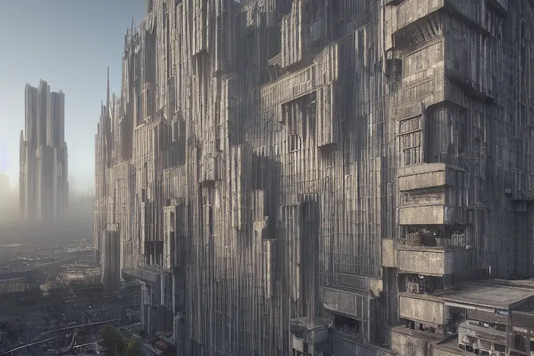 Image similar to streetscape, a towering cathedral of brutalist architecture, buildings covered with greebles, stunning volumetric light, sunset, metal, concrete and translucent material, stunning skies, majestic landscape, trending on Artstation, 8k, photorealistic, hyper detailed, unreal engine 5, IMAX quality, cinematic, epic lighting, in the style of Greg Rutkowski