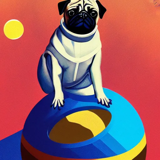 Prompt: Pug Astronaut stands on a ball that look like the moon, artstation