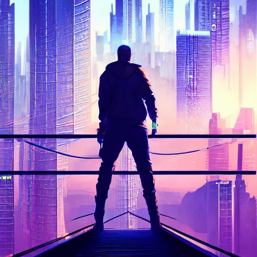 Image similar to a man standing on top of a bridge over a city, cyberpunk art by Vincent Lefevre, behance contest winner, altermodern, cityscape, synthwave, matte painting