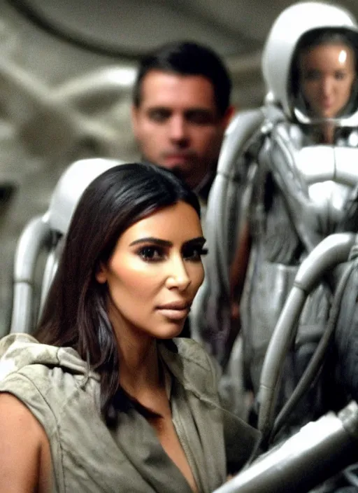 Image similar to movie still of kim kardashian wearing alien facehugger mask, in the movie alien. cinematic full shot.