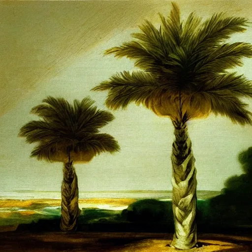 Prompt: a painting francisco goya did when he was obsessed with vaporwave palm trees