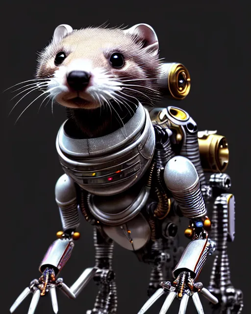 Image similar to intricate mechanical ferret metalic robot creature, digital robot fantasy creature illustration mech ferret, artstation trending robot ferret render, intricate, octane render, hyper realism, sharp focus, insanely detailed, digital painting, matte, cute mech robot ferret character, masterpiece