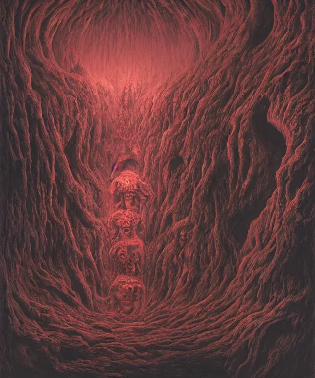 Image similar to a surreal, hellish, and maddening cave made of flesh going infinitely into the background in the style of zdzisław beksinski in the style of h. r. giger trending on artstation deviantart pinterest furaffinity detailed realistic hd 8 k high resolution