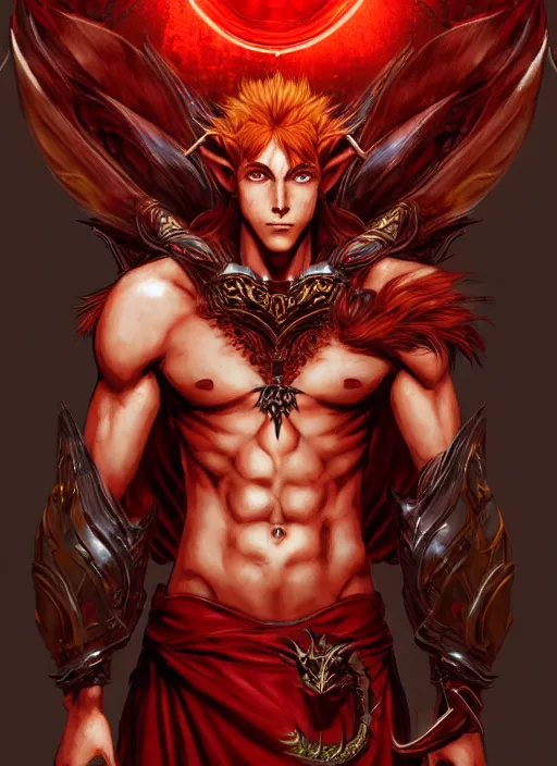 Image similar to Half body portrait of a handsome red haired elven monk prince with dragon eyes, staff and red and golden robe. In style of Yoji Shinkawa and Hyung-tae Kim, trending on ArtStation, dark fantasy, great composition, concept art, highly detailed.