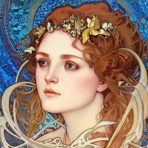 Prompt: realistic detailed face portrait of Helen of Troy by Alphonse Mucha, Ayami Kojima, Amano, Charlie Bowater, Karol Bak, Greg Hildebrandt, Jean Delville, and Mark Brooks, Art Nouveau, Neo-Gothic, gothic, rich deep colors